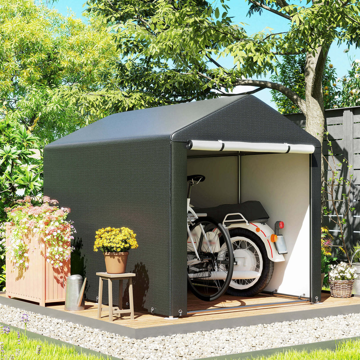 Portable Bicycle Shed with Galvanised Steel Frame and Large Door, Waterproof Outdoor Shed for Garden Tools – Black