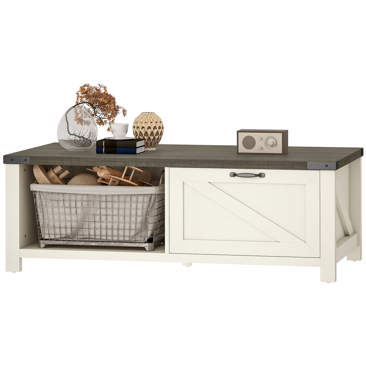 Farmhouse Coffee Table with Barn-Door Drawer and Open Shelf, Distressed White