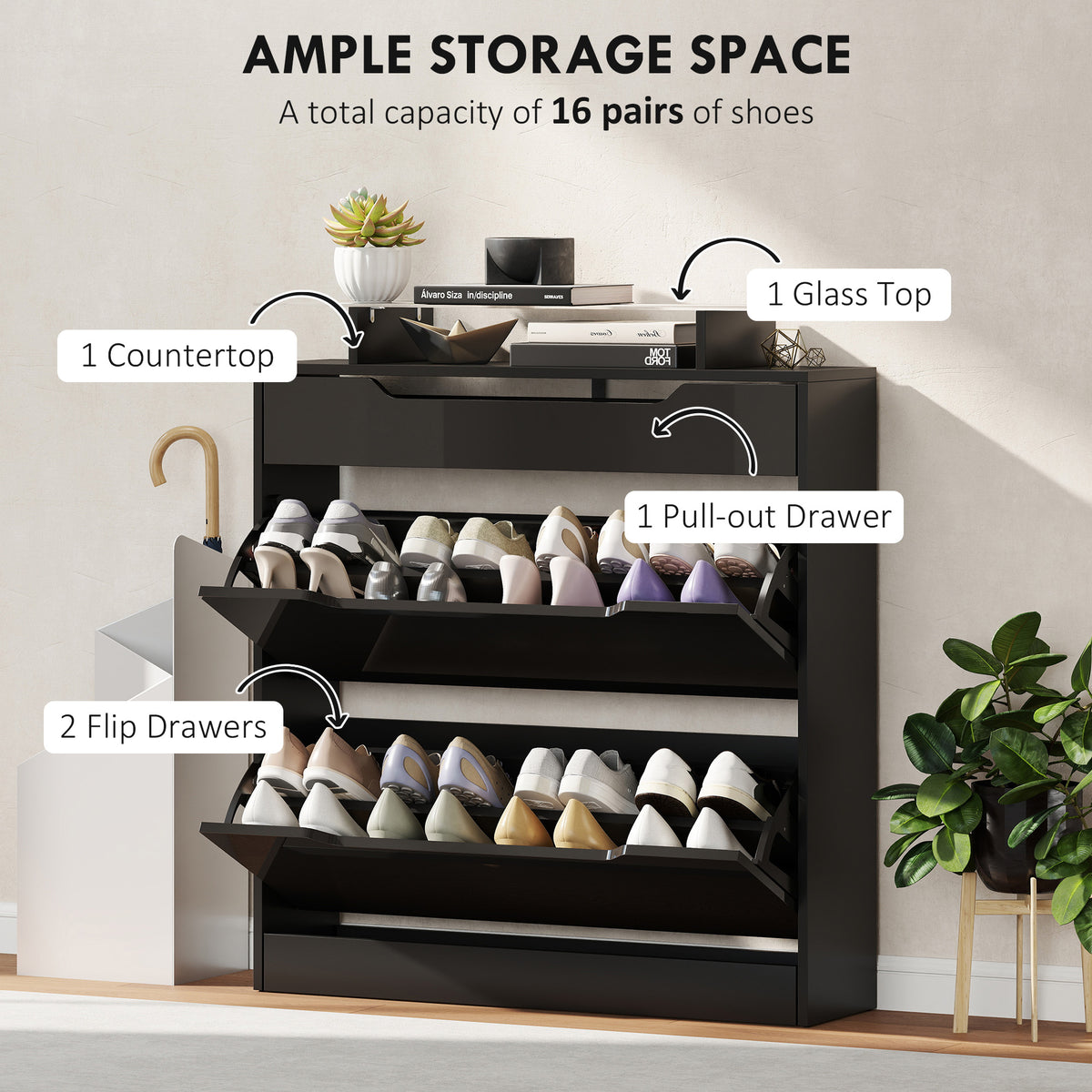 High Gloss Shoe Cabinet with 2 Flip Drawers – 35"W x 38"H