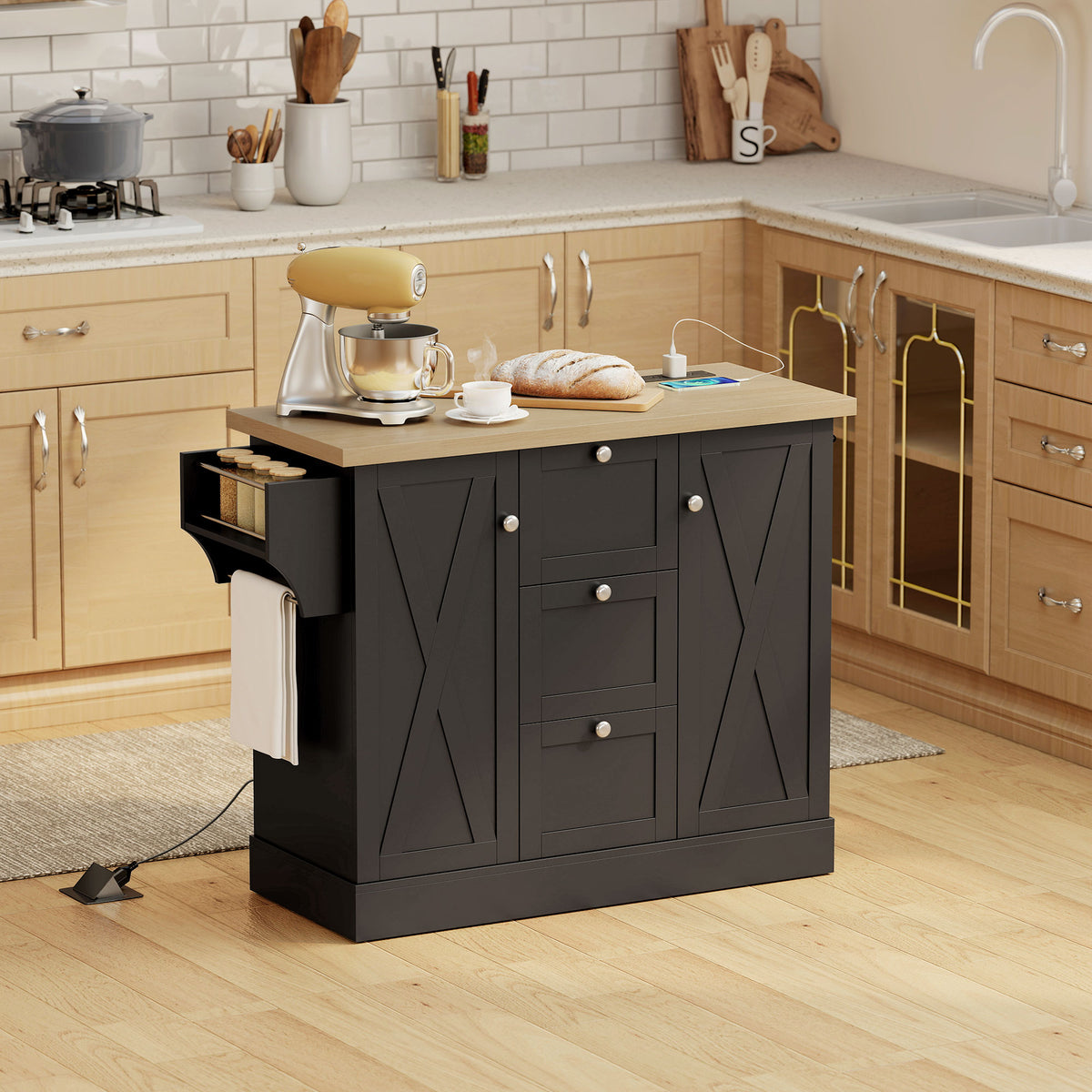 Farmhouse Kitchen Island Cart with Power Outlet and Soft-Close Doors – 49"W x 35"H