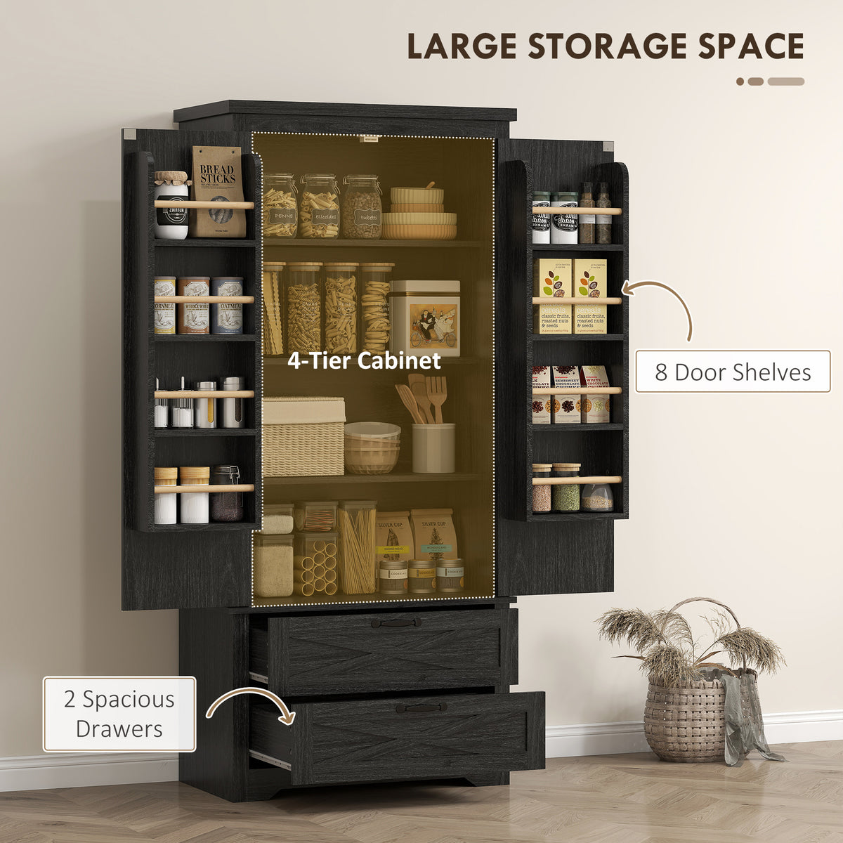 Freestanding Kitchen Pantry Cabinet with Drawers – 29"W x 64"H