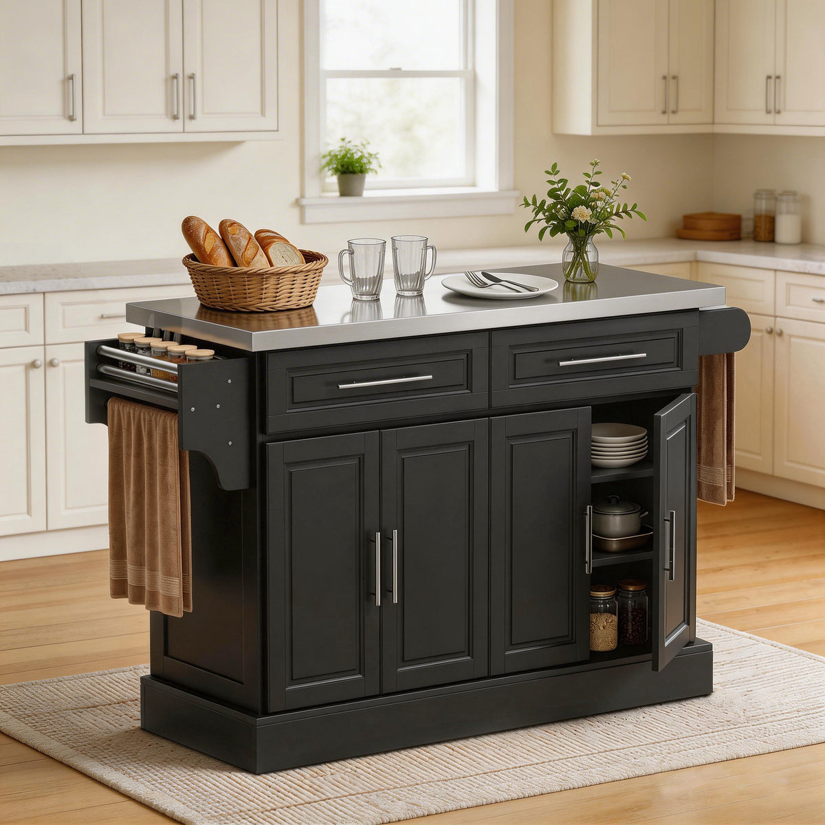 Rolling Kitchen Island with Stainless Steel Top – 57"W x 37"H