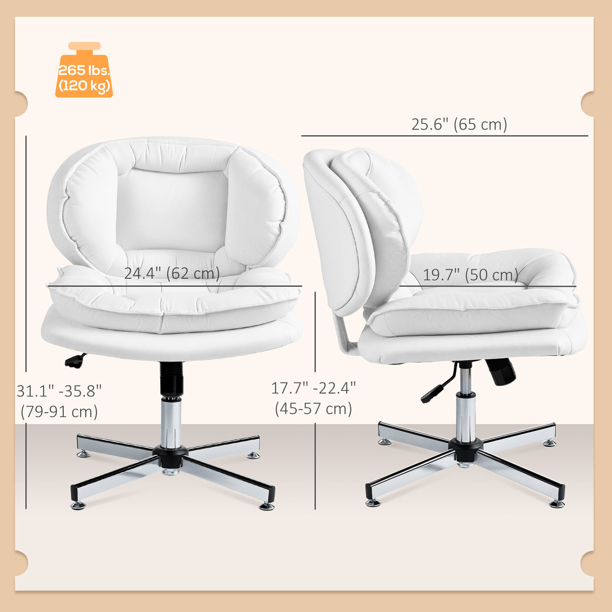 Criss Cross Chair, Armless Wide Office Chair with Leathaire Upholstery, Tilting, White