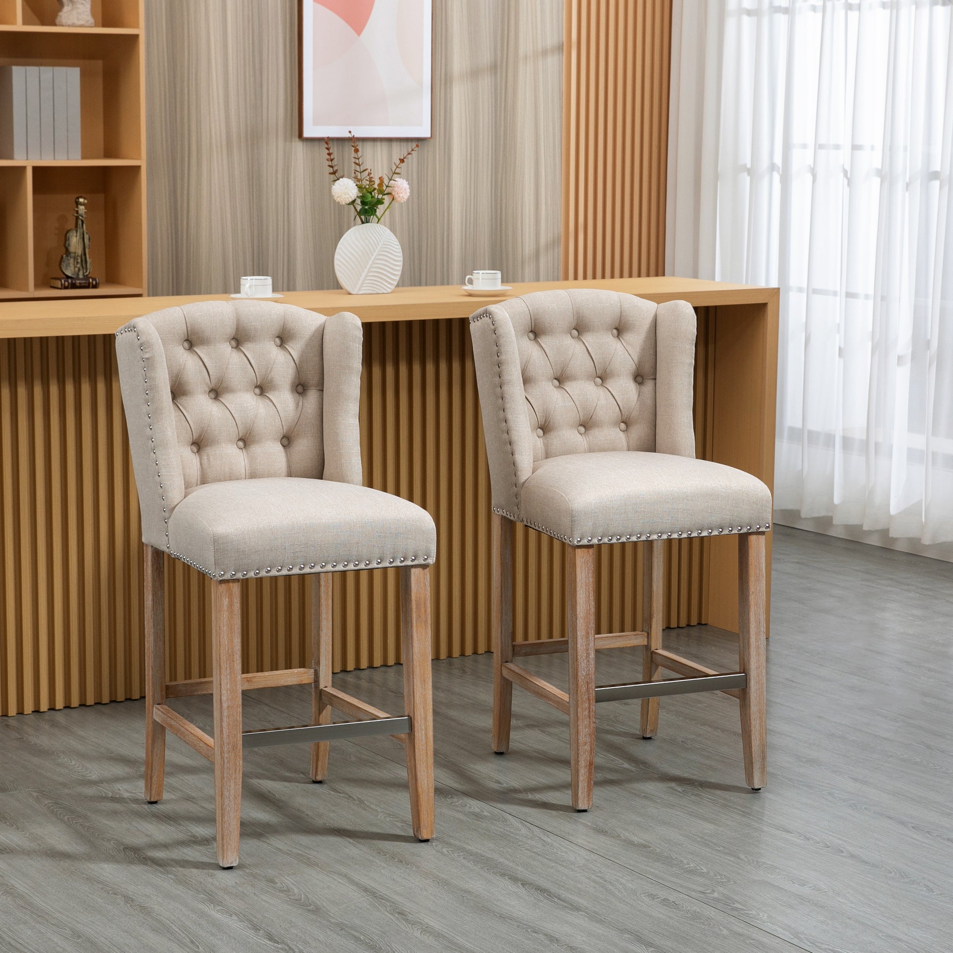 HOMCOM Set of 2 Beige Tufted Upholstered Bar Stools