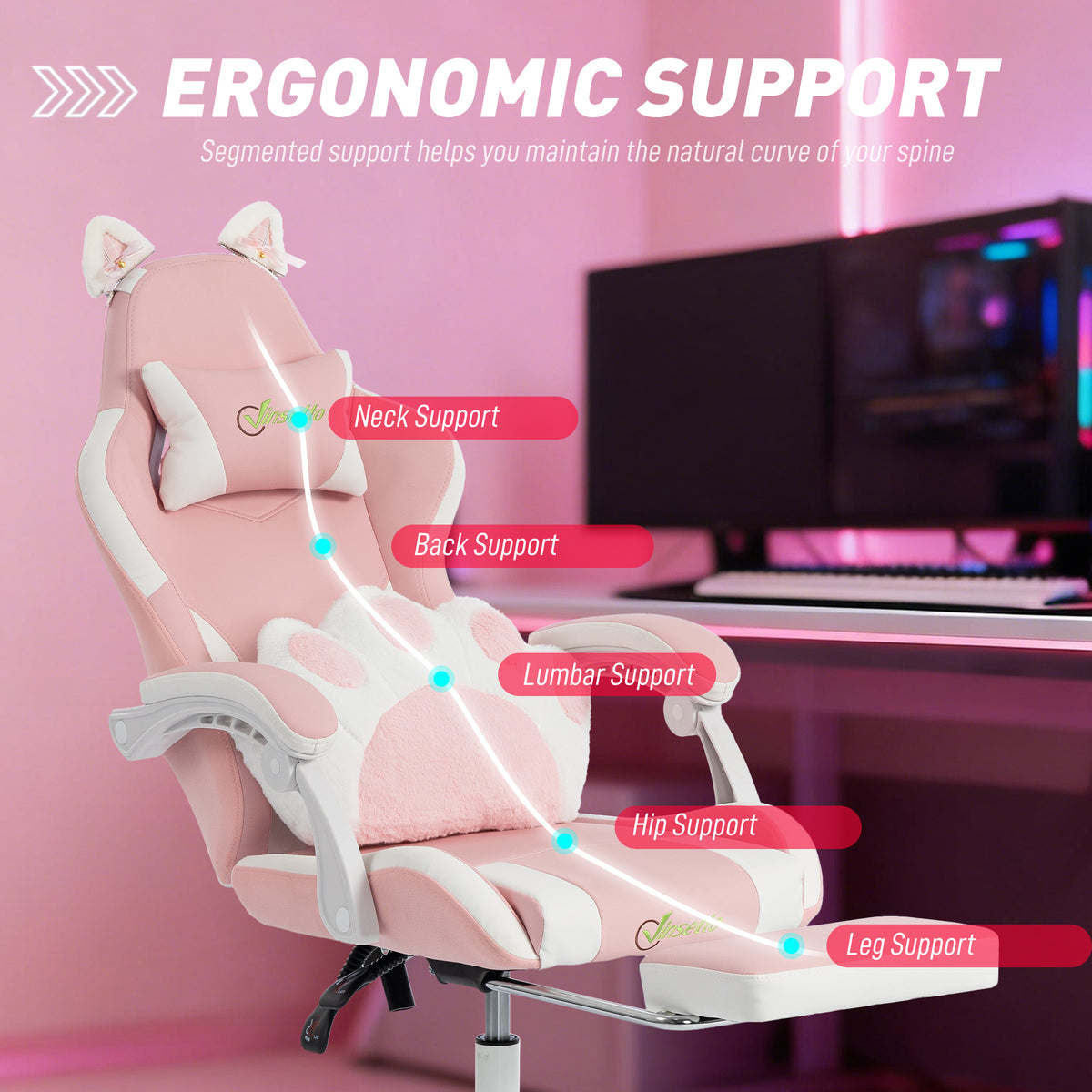 Cute Gaming Chair with Cat Ears, Gamer Computer Chair with Lumbar Support, Footrest, Pink