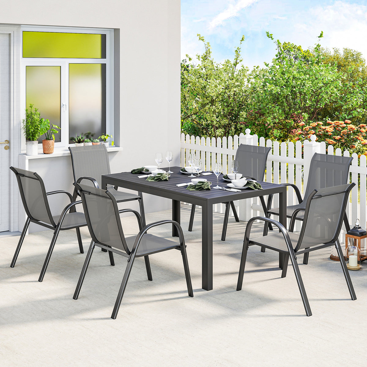 7 Pieces Outdoor Dining Set for 6, Patio Furniture Set with Rectangular Patio Table and Stackable Chairs