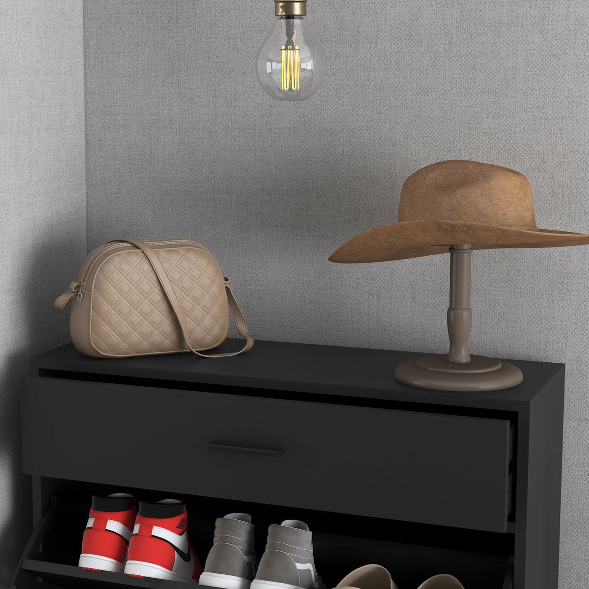 Modern Shoe Cabinet with 2 Flip Doors and Drawer – 30"W x 43"H