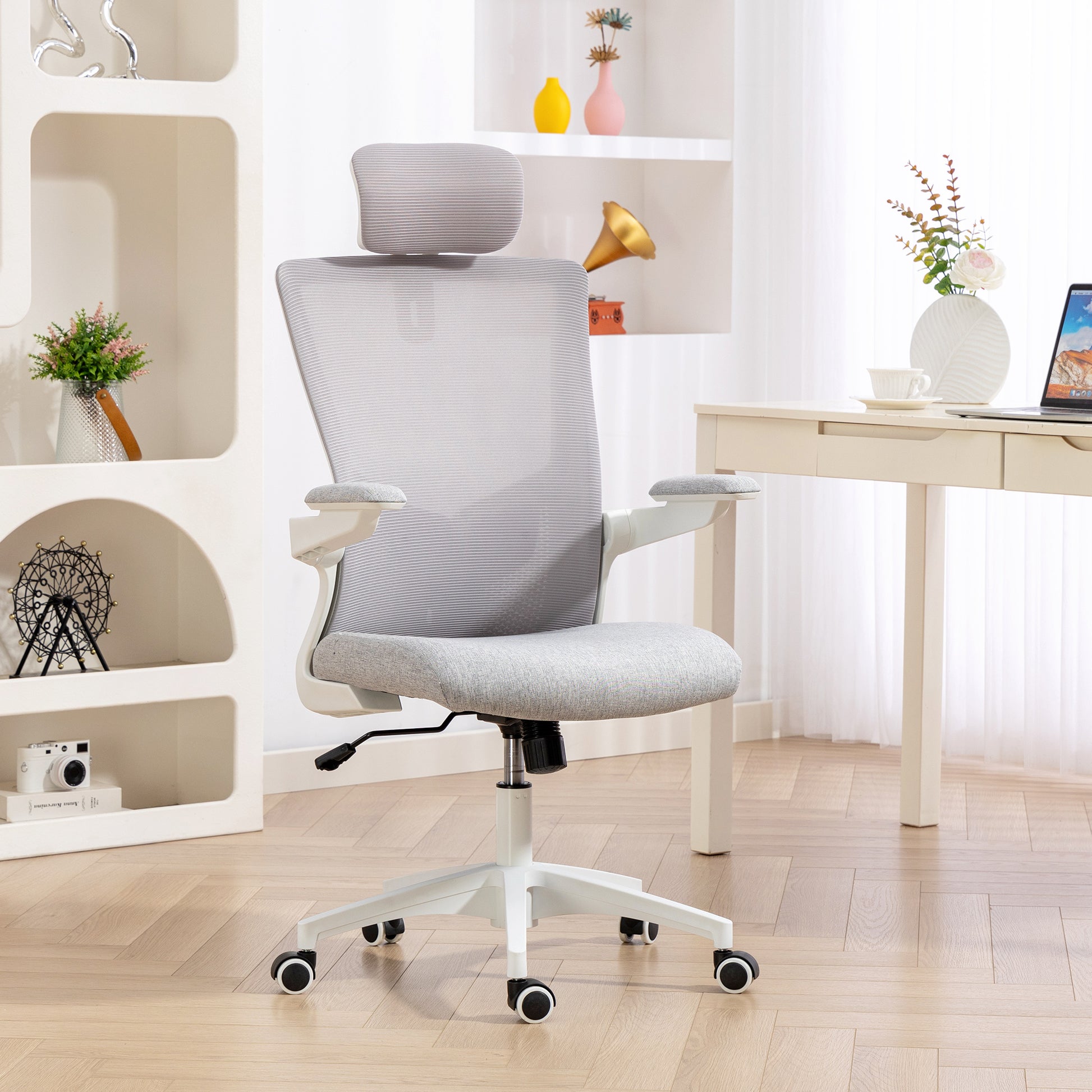 HOMCOM Ergonomic Grey Mesh Office Chair, Adjustable Lumbar, Headrest, Flip-Up Armrests