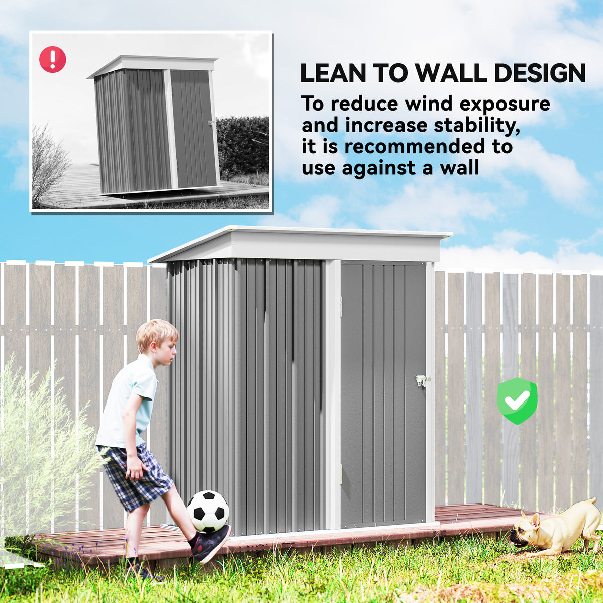 Outdoor Storage Shed, Steel Lean-to Shed with Adjustable Shelf, Lock, Gloves, 5'x3'x6' – Grey