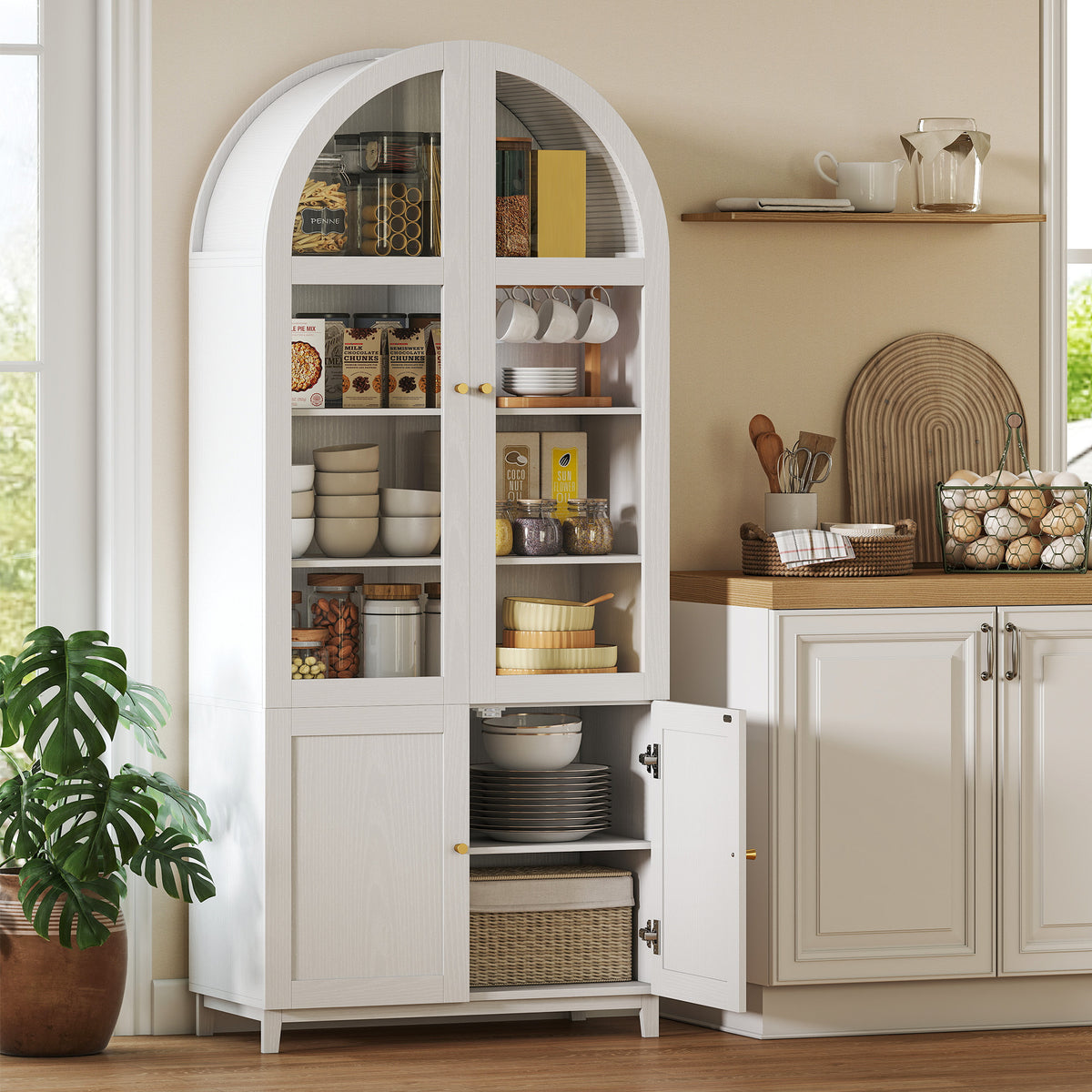 Farmhouse Kitchen Storage Cabinet with Acrylic Glass Doors – 31"W x 71"H