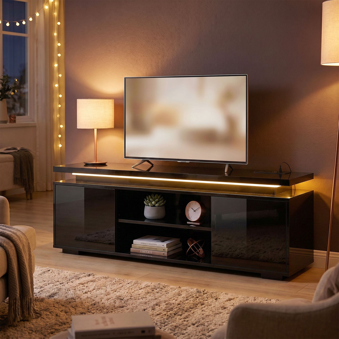 HOMCOM TV Stand LED Lights, Power Outlets, High Gloss Black