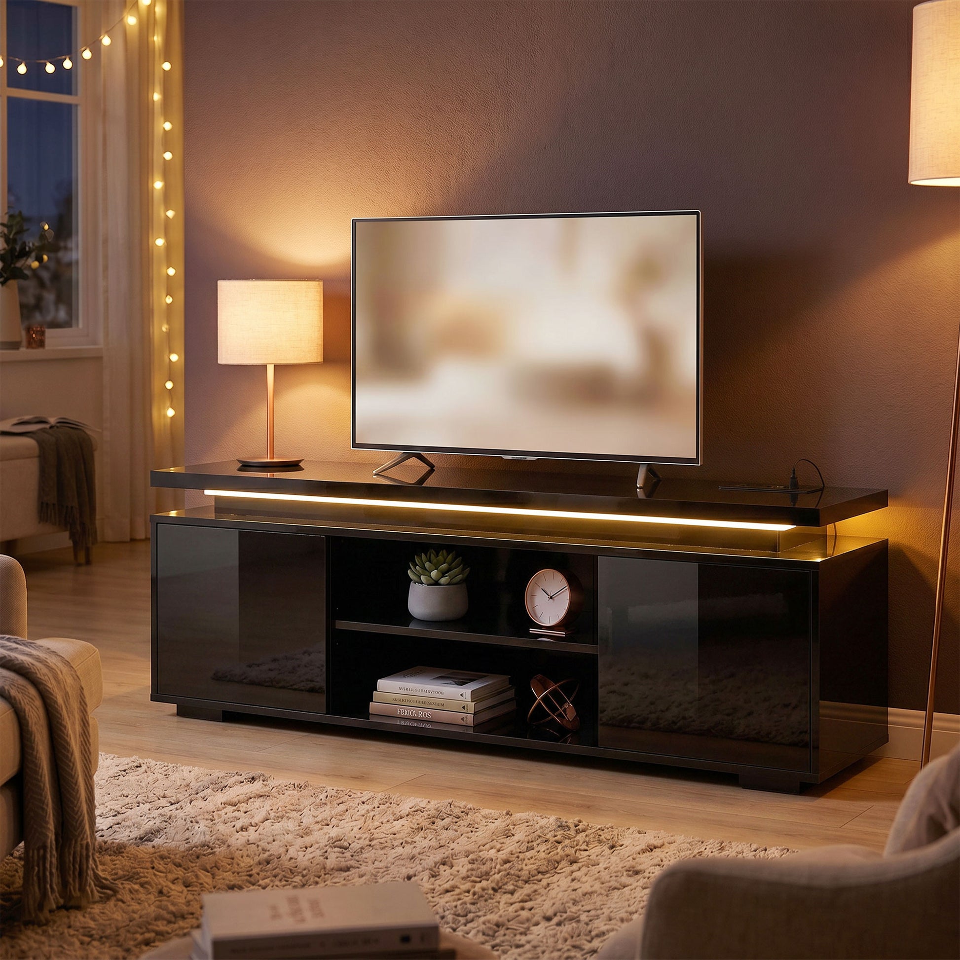 HOMCOM TV Stand LED Lights, Power Outlets, High Gloss Black