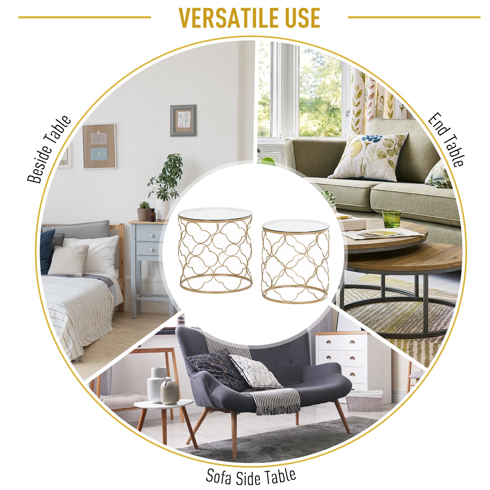 Elegant Gold Tempered Glass Nesting Coffee End Table Set (2 Pieces)