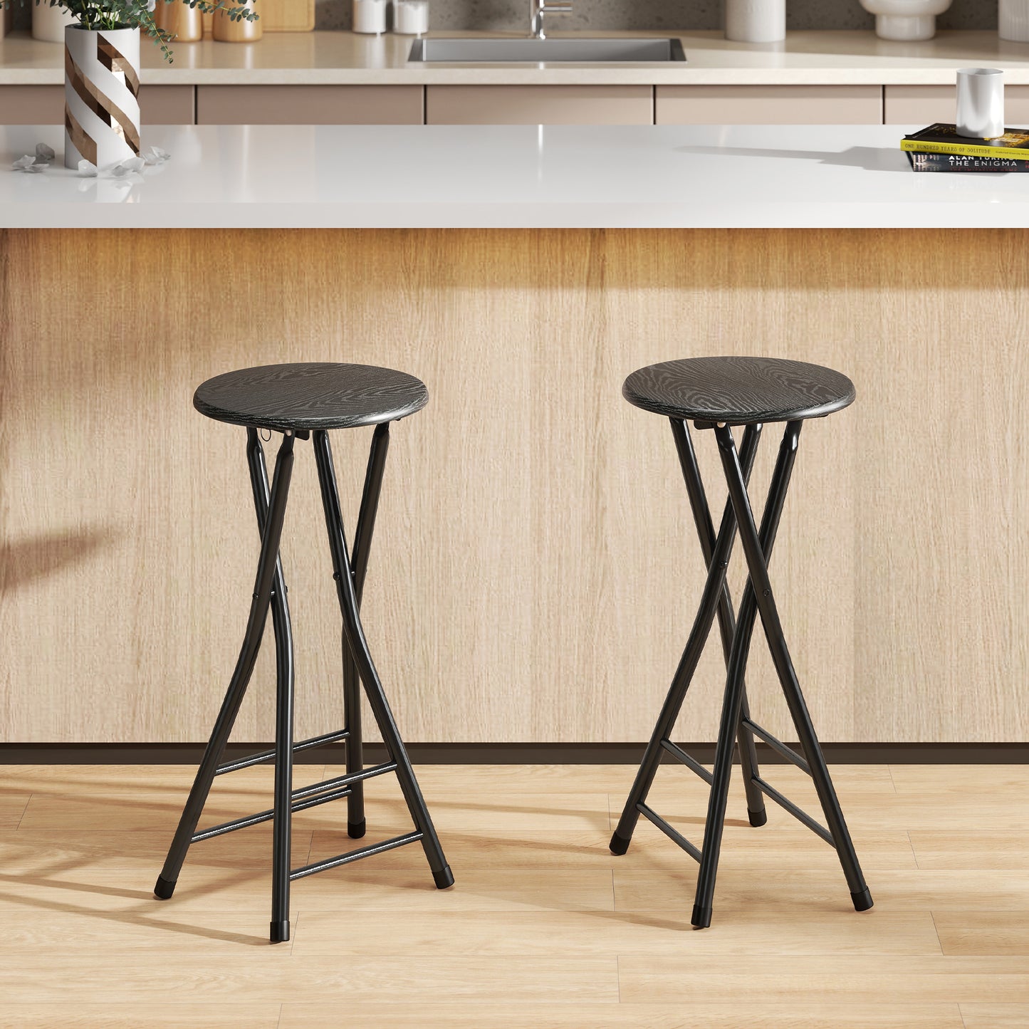 HOMCOM Set of 2 Foldable Barstools, Counter Height with Footrest, Steel Legs