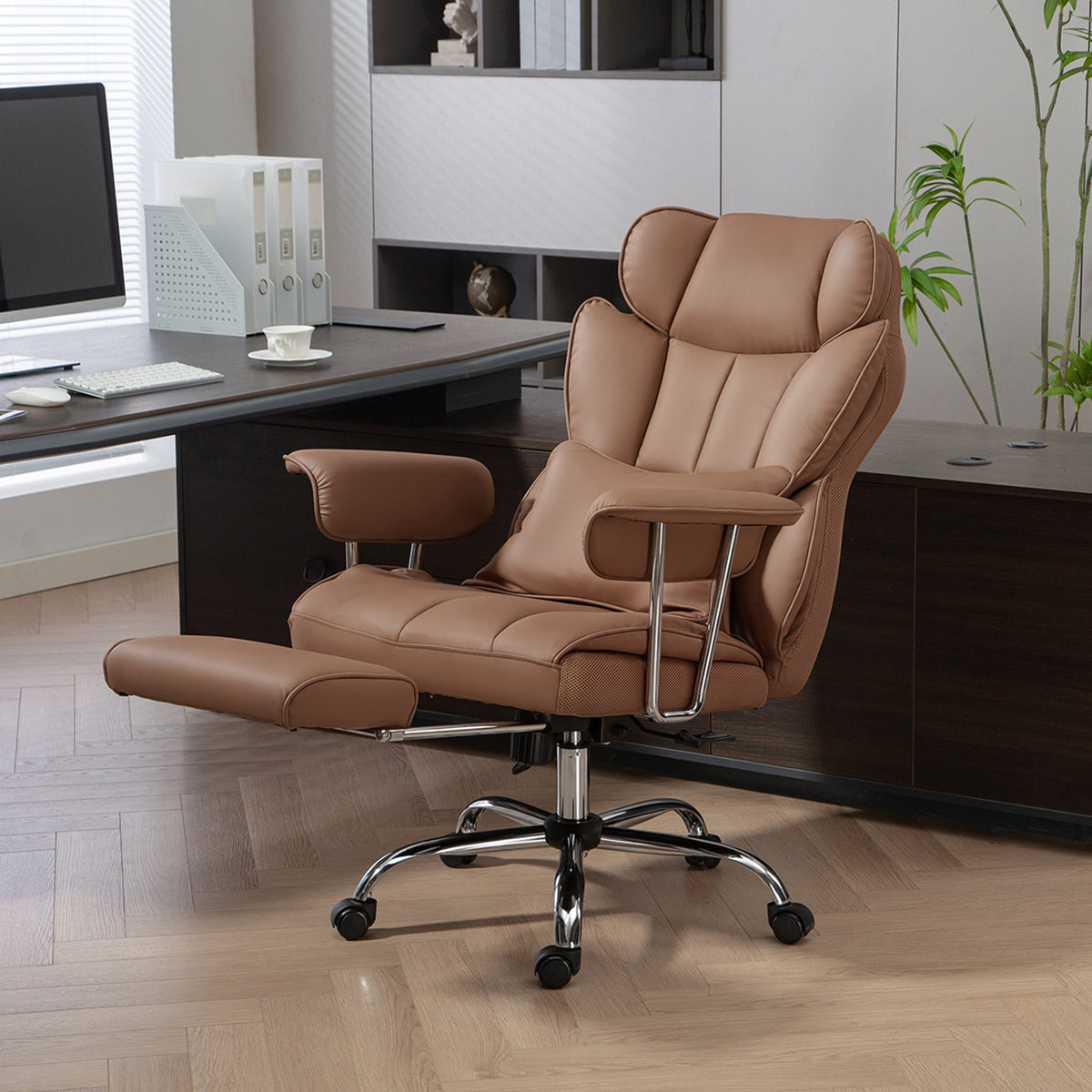 400LBS Massage Office Chair, Executive Office Chair with 6-Point Vibration, Brown