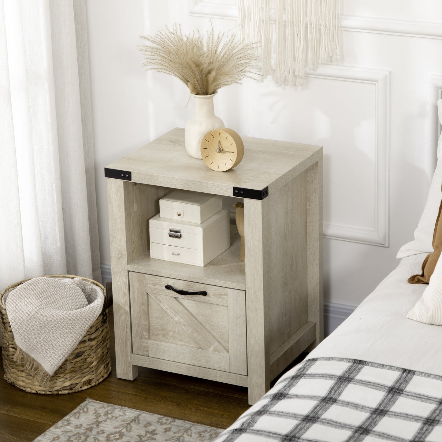 HOMCOM Farmhouse Side End Table with Drawer, Open Shelf & Barn-Style Panel