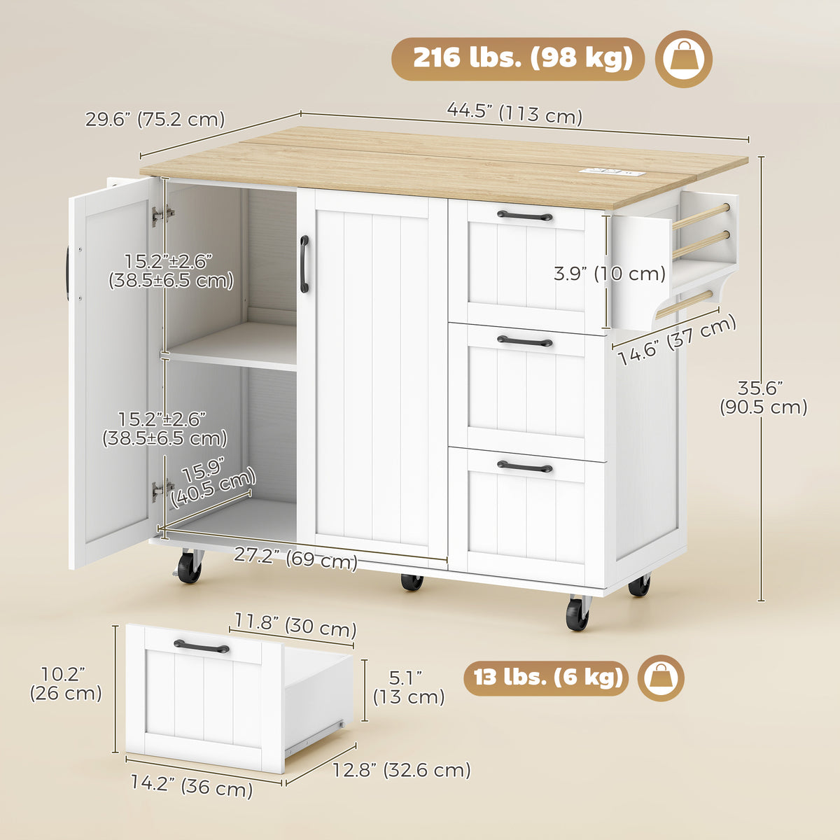 Kitchen Island with Drop Leaf – 53"W x 36"H