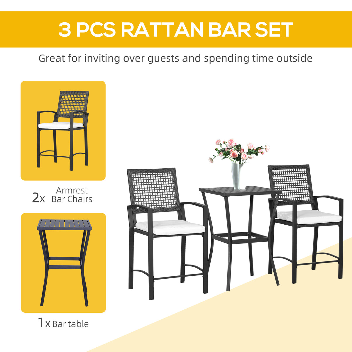 3 Pieces Outdoor Wicker Bar Set, Classic Bistro Bar Set Garden Rattan Style Patio Bar Table & High Chairs w/ Cushions Home Bar Furniture