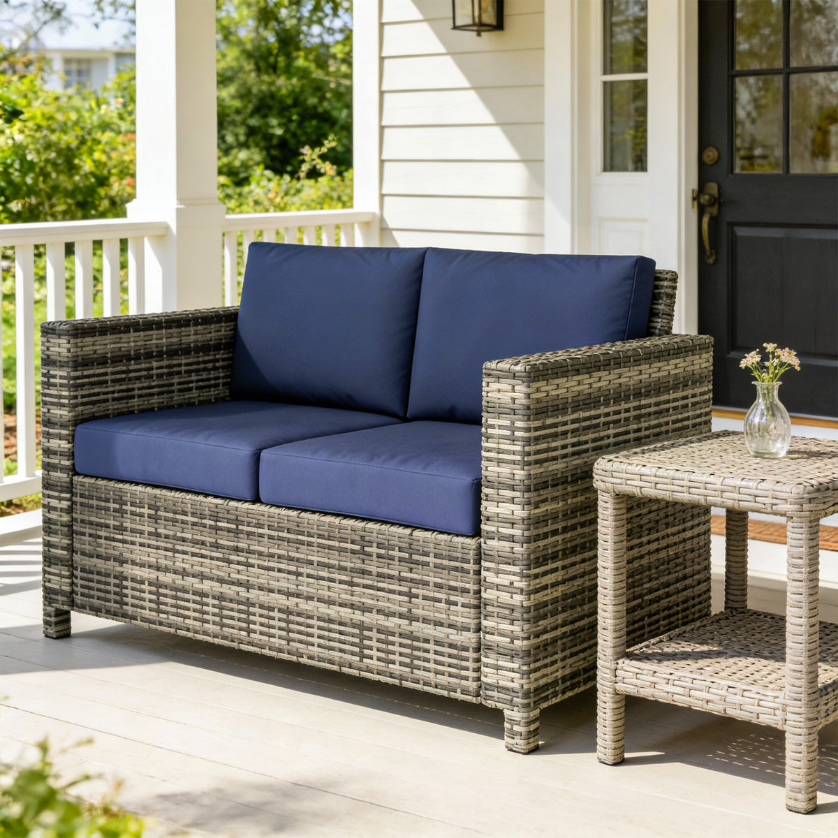 Wicker Outdoor Sofa, All Weather Patio Couch Loveseat with Cushions for Balcony, Deck, Garden, Poolside – Dark Blue