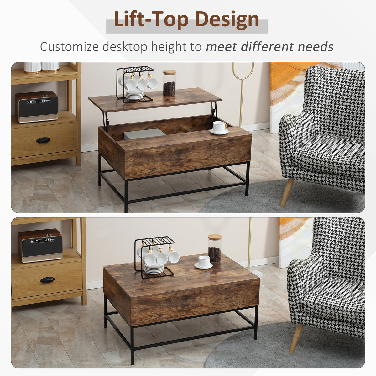 Lift-Top Coffee Table with Hidden Storage and Steel Legs, Rustic Brown