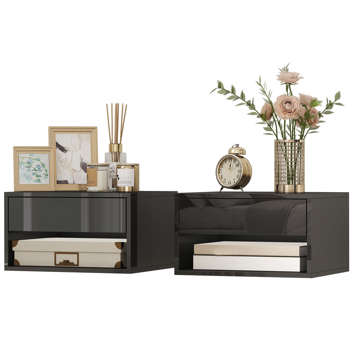 High Gloss Floating Nightstands, Set of 2 – 15"W x 8"H