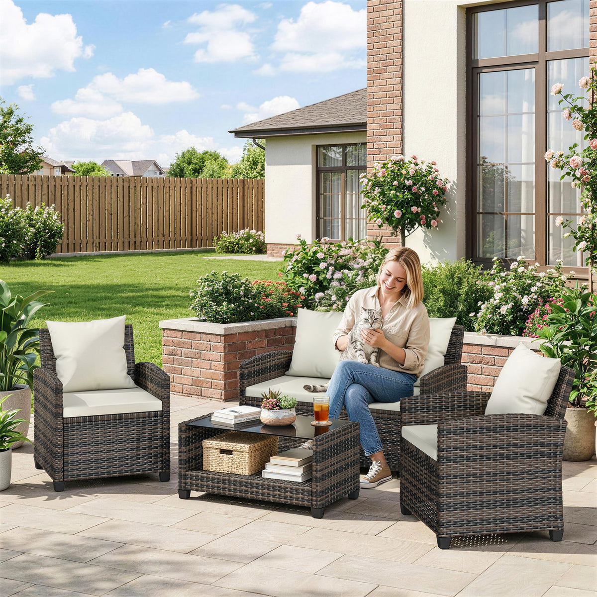 4-Piece Outdoor Wicker Patio Furniture Conversation Set, Includes Loveseat, Chairs and 2-Tier Table with Cushions, Modern Rattan Sofa Set for Backyard – Beige