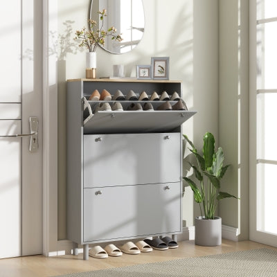 HOMCOM Modern Light Grey Shoe Cabinet Organizer, 21 Pair Storage with Doors