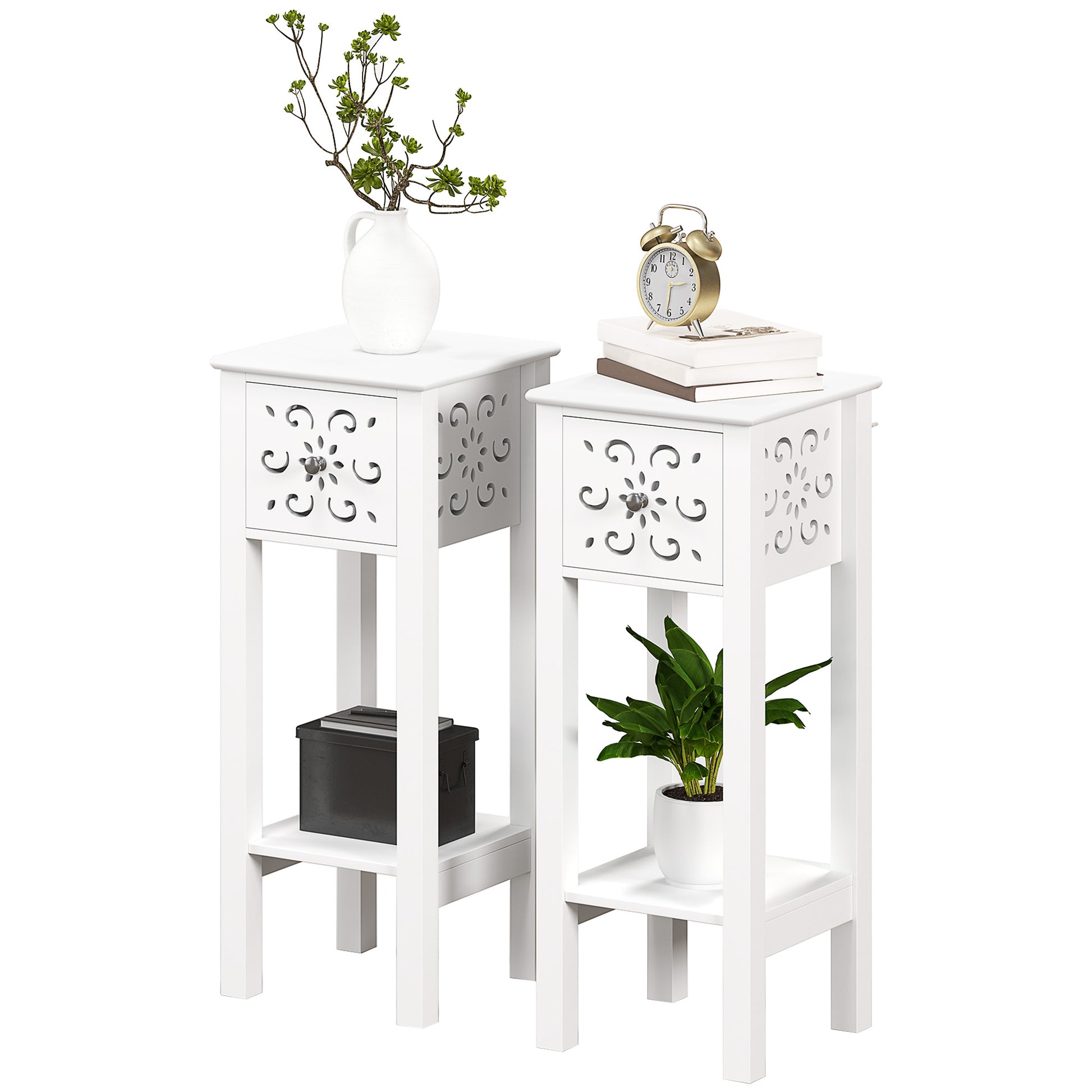 HOMCOM White Modern Nightstands Set: Drawer, Open Storage Shelf, Compact
