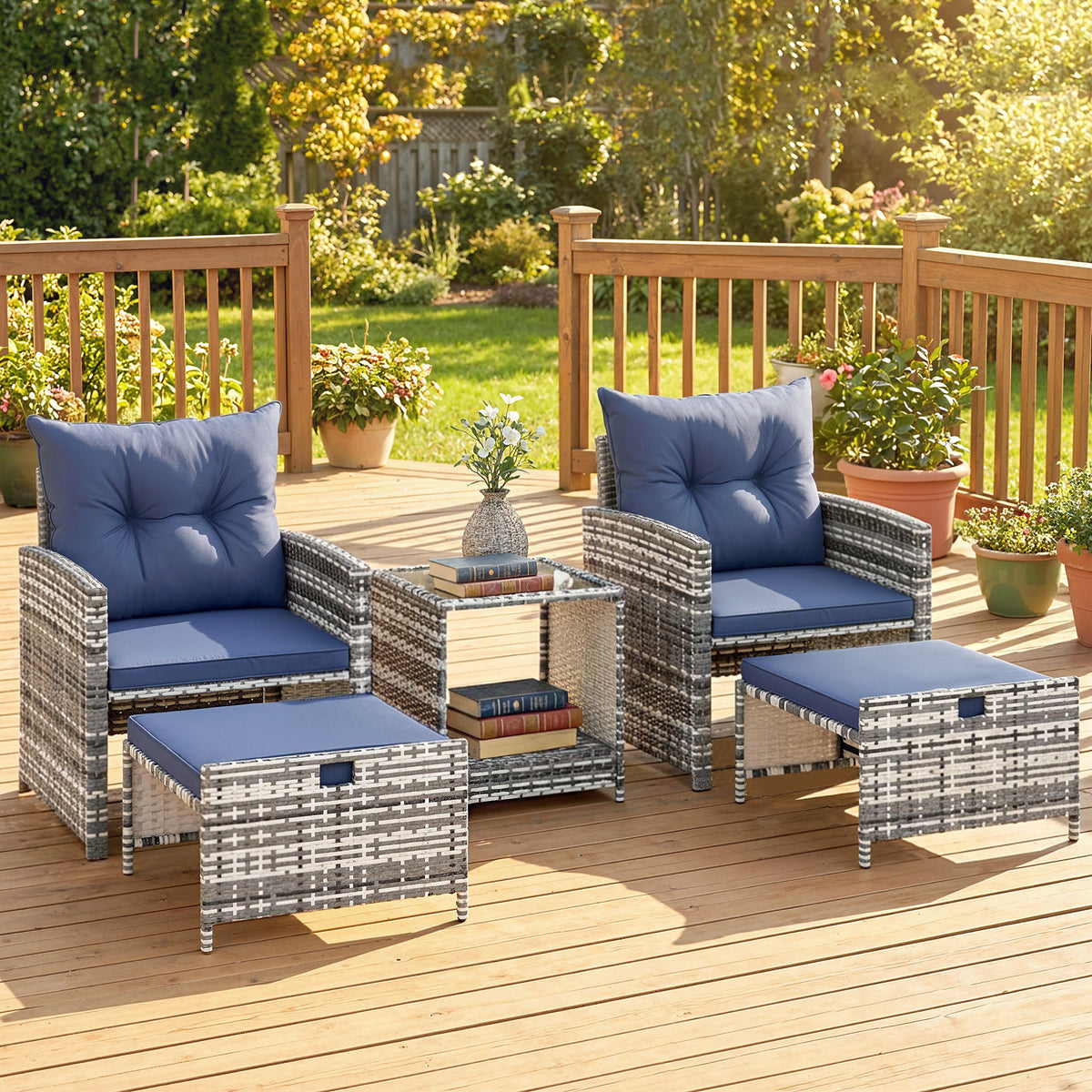 5 Piece Patio Furniture Set, Wicker Patio Chairs with Ottomans, 2-Tier Glass Coffee Table and Cushions, Grey/Dark – Blue