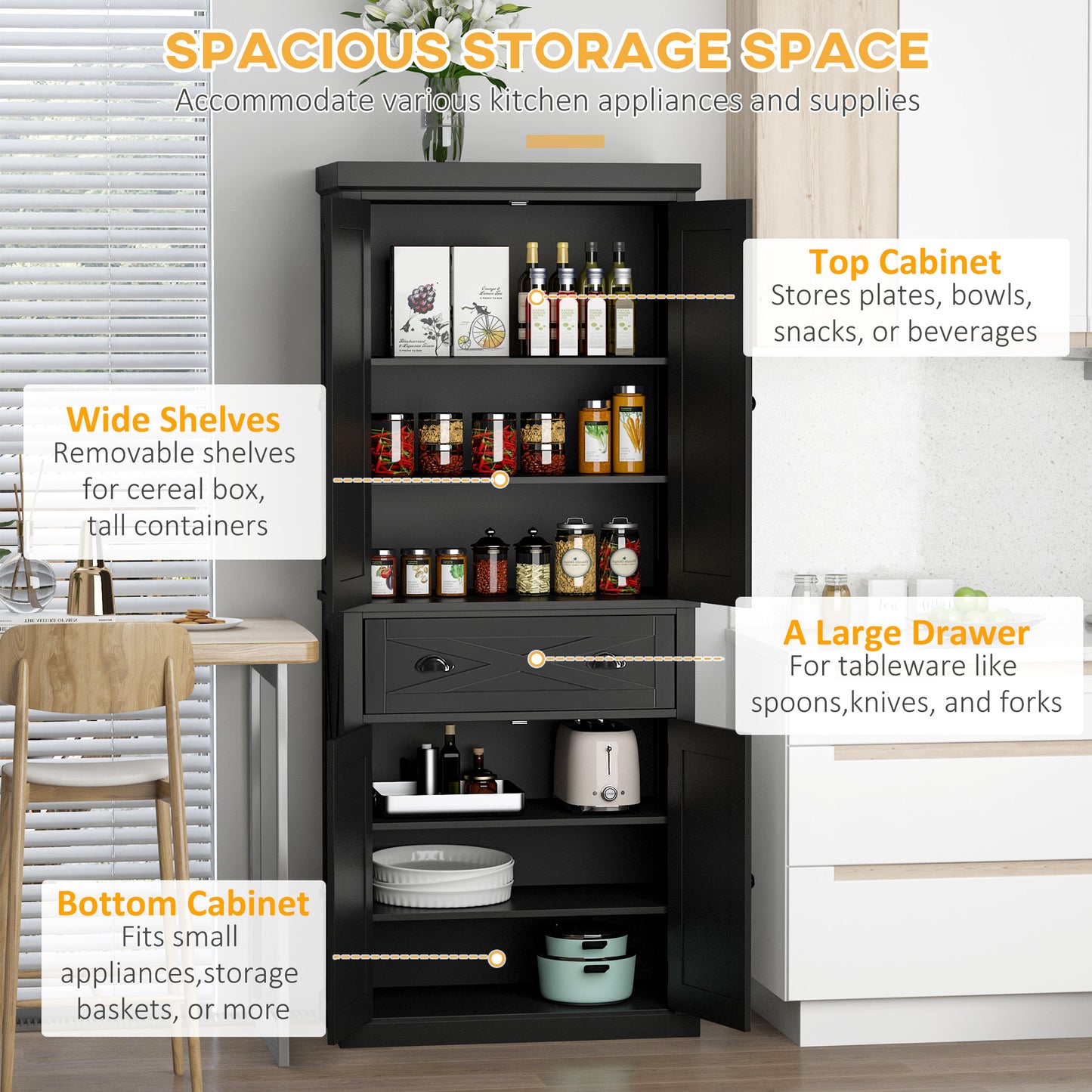 HOMCOM 72.5" Kitchen Pantry Cabinet 4 Doors Drawer Black