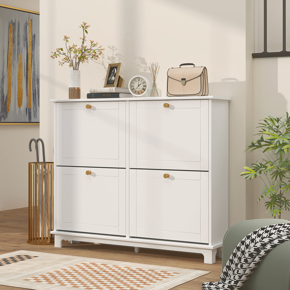 Modern Narrow Shoe Cabinet with 4 Flip Drawers – 47"W x 34"H