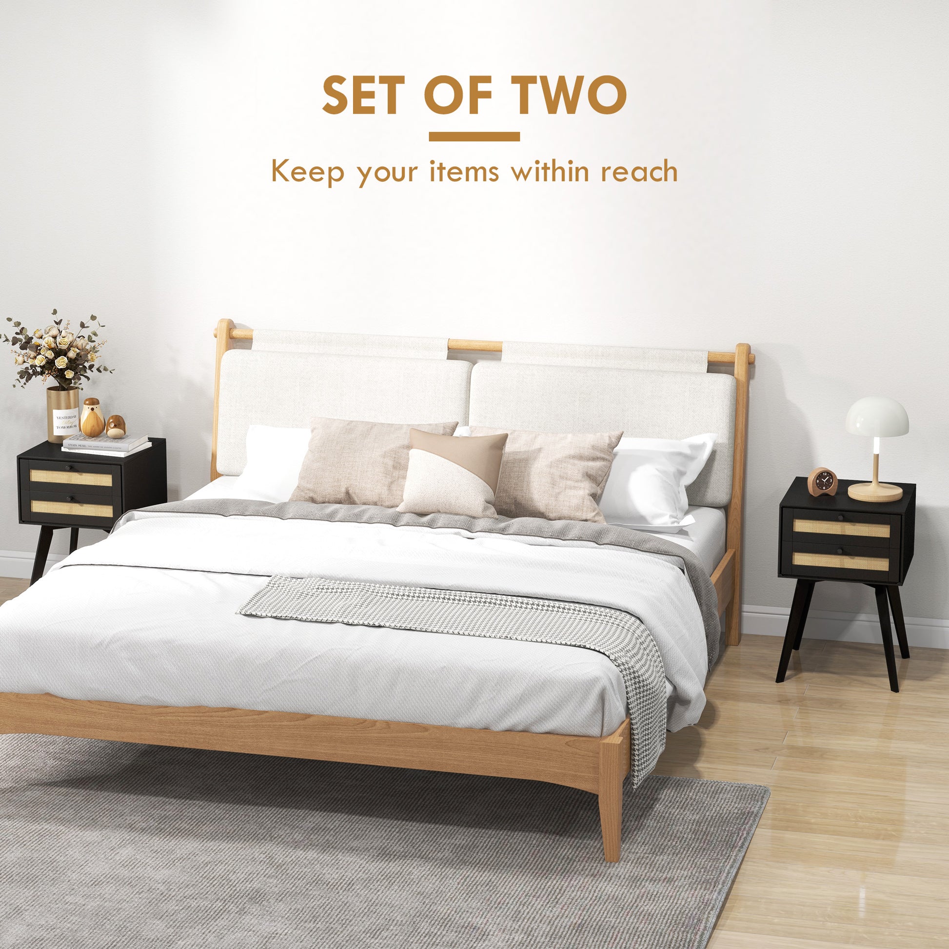 HOMCOM Boho Nightstands Set of 2 with Rattan Drawers, Square Bedside Tables