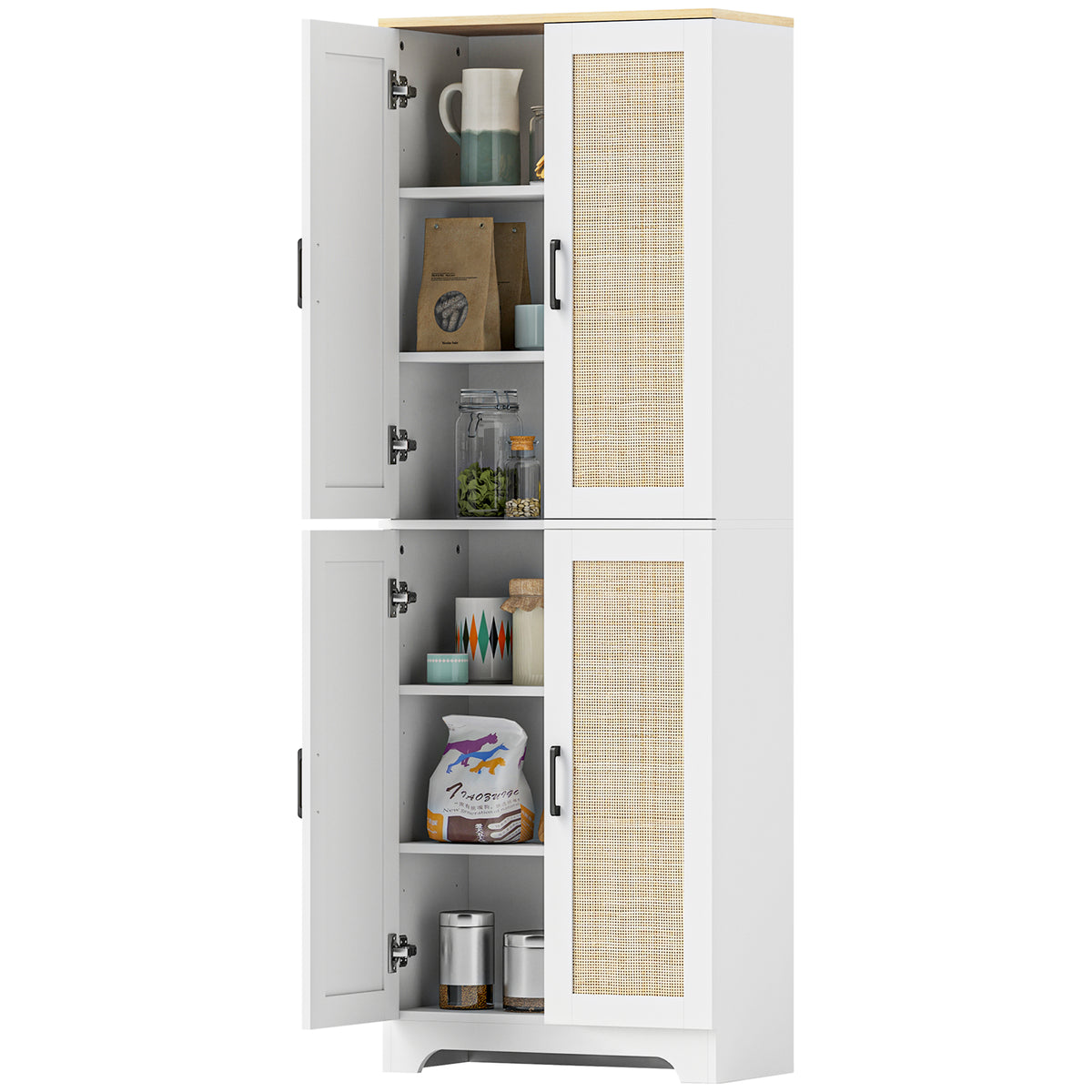 Tall Kitchen Pantry with 4 Rattan Doors and Adjustable Shelves – 24"W x 67"H
