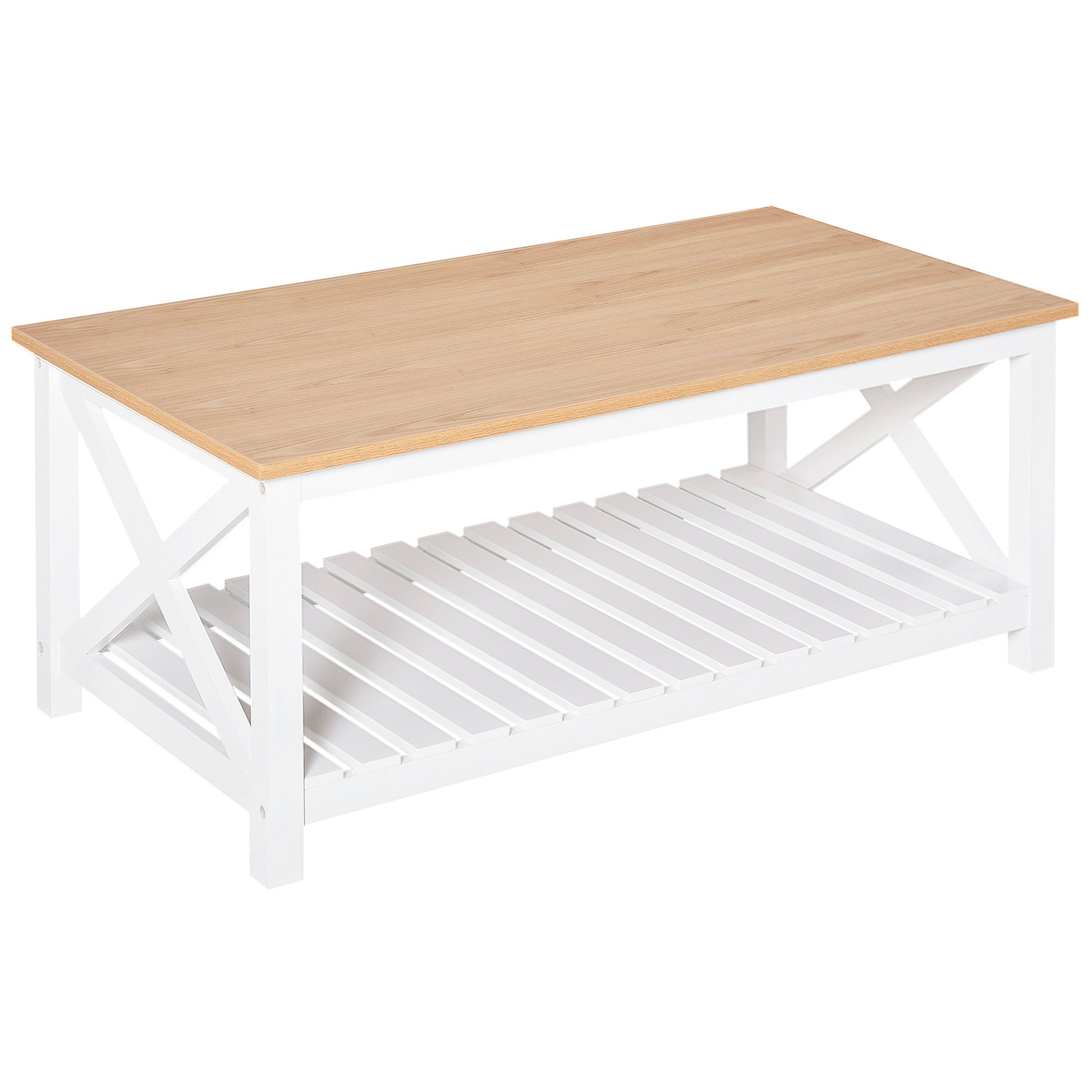 HOMCOM Farmhouse Coffee Table with Slatted Storage Shelf, X-Frame, White & Natural