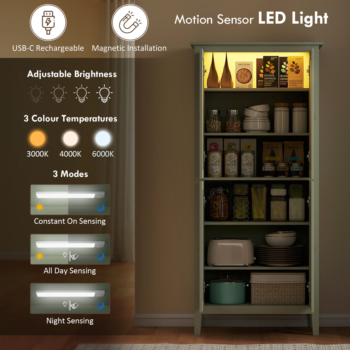 Tall Kitchen Pantry Storage Cabinet with Motion Sensor LED Light – 32"W x 70"H