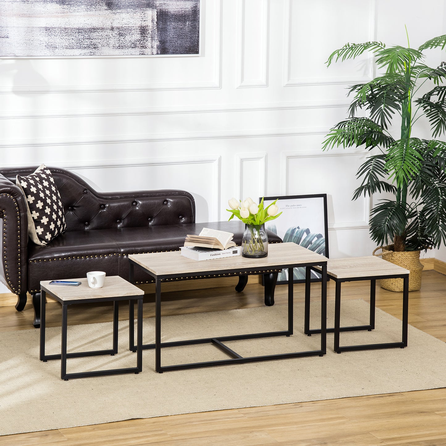 Modern Nesting Coffee Table Set, 3-Piece, Black Metal Frame, Natural Wood Grain