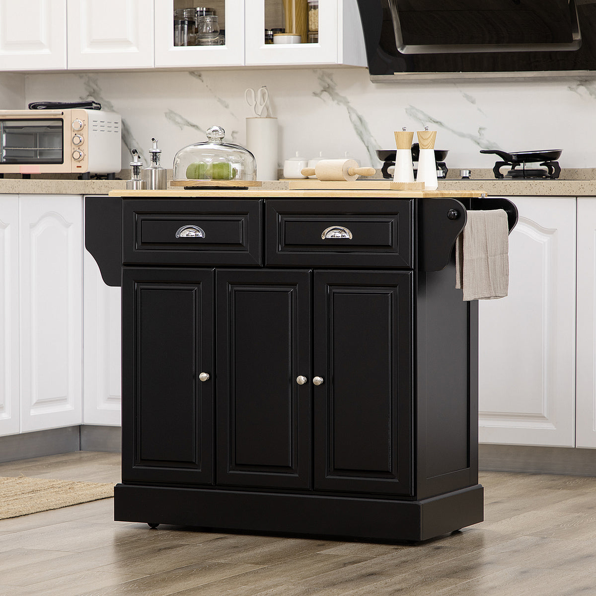 Rolling Kitchen Island with Rubberwood Top and Towel Rack – 43"W x 36"H