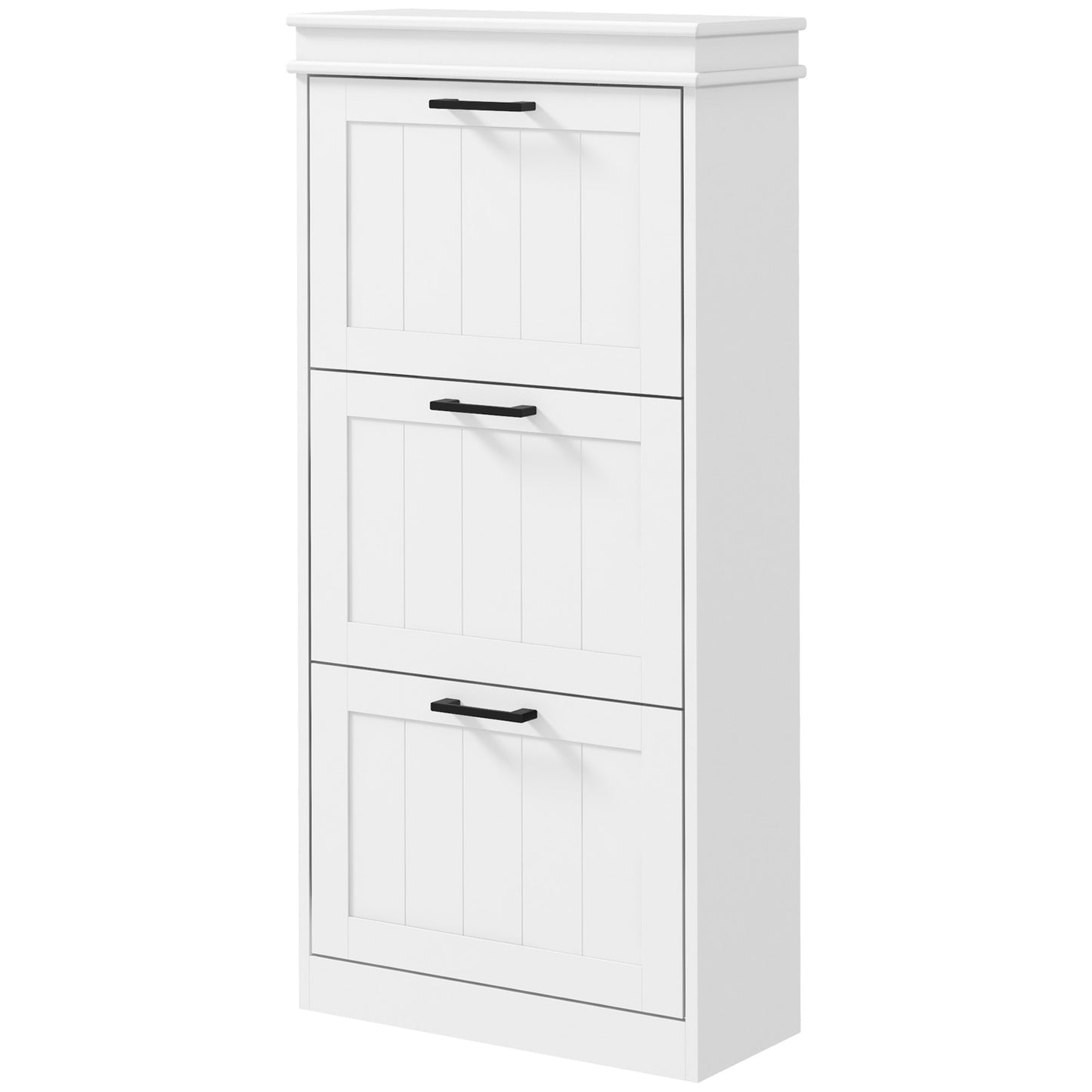HOMCOM Slim 15-Pair Shoe Storage Cabinet, 3 Flip Drawers, Adjustable Shelves, White