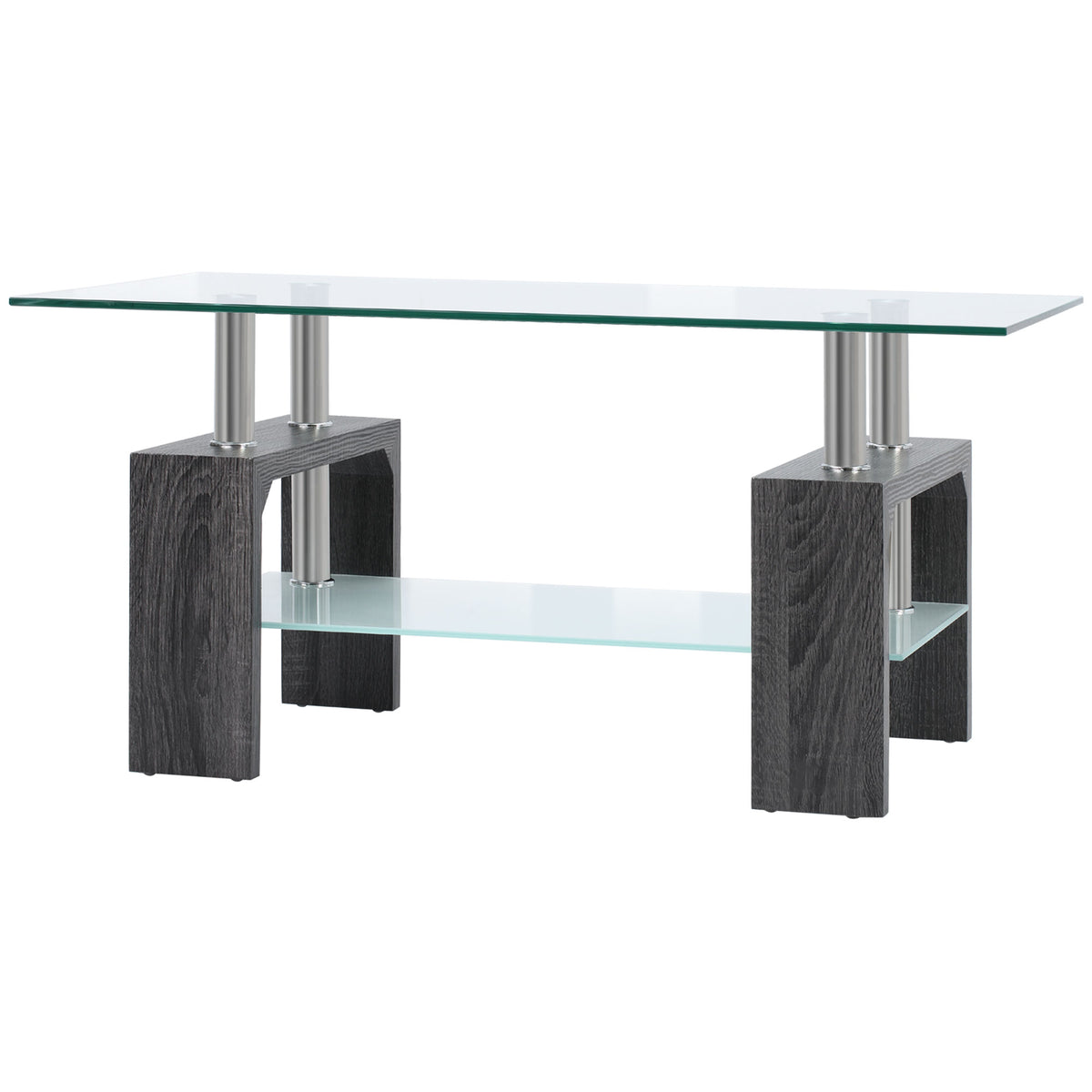 Rectangle Glass-Top Coffee Table with Storage Shelf, Grey